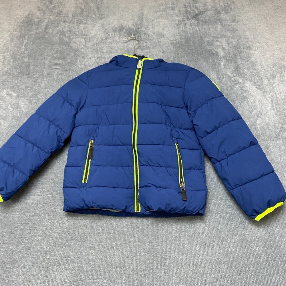 Gerry Puffer Jacket Boys 6 Blue Neon Green Hooded Lined Zipper Pockets Winter